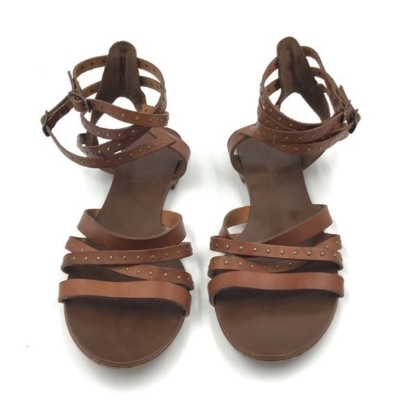 J. CREW Cognac Double Ankle Buckle Strappy Gladiator Sandals Size 9 - Picture 3 of 9